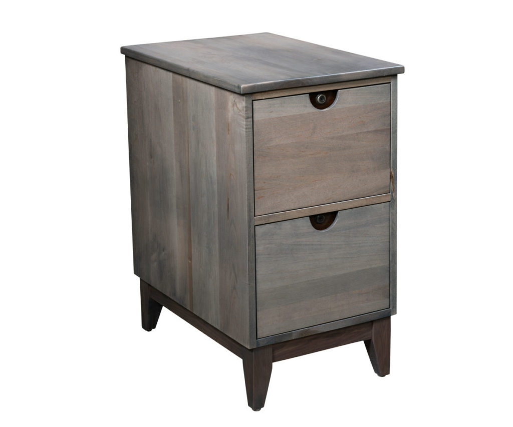 Solid wood file cabinet with two drawers and tapered legs, modern gray stain.