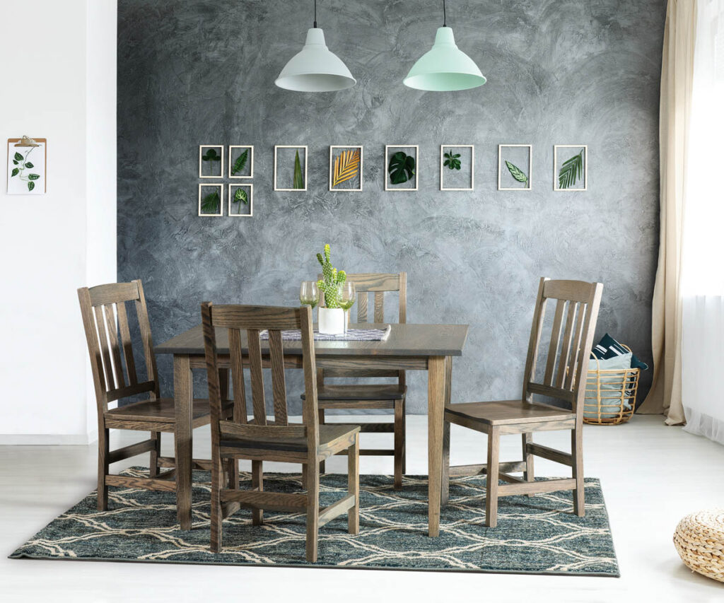 Mission vs. Shaker style dining set with slat-back chairs and rustic wood finish.