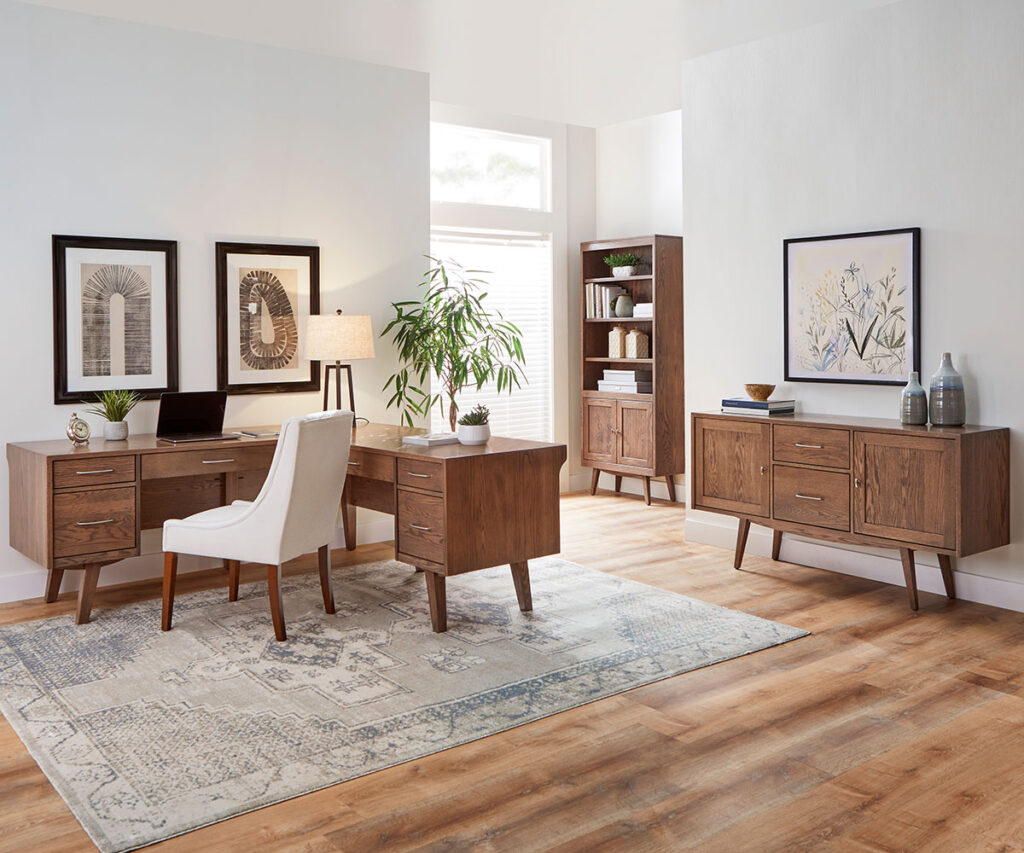 Amish home office furniture set with L-desk, bookcase, and credenza in walnut.