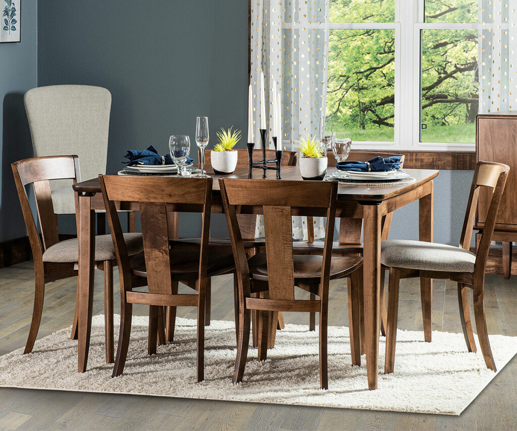 Dining set highlighting the difference between Mission and Shaker with tapered legs and curved backs.
