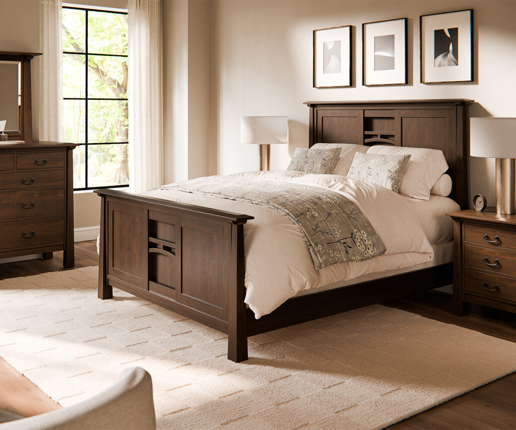 Amish furniture styles bedroom with dark hardwood bed, clean lines, and handcrafted matching pieces.