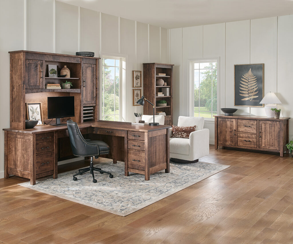 Office furniture showing the difference between Mission and Shaker with bold lines and simple forms.