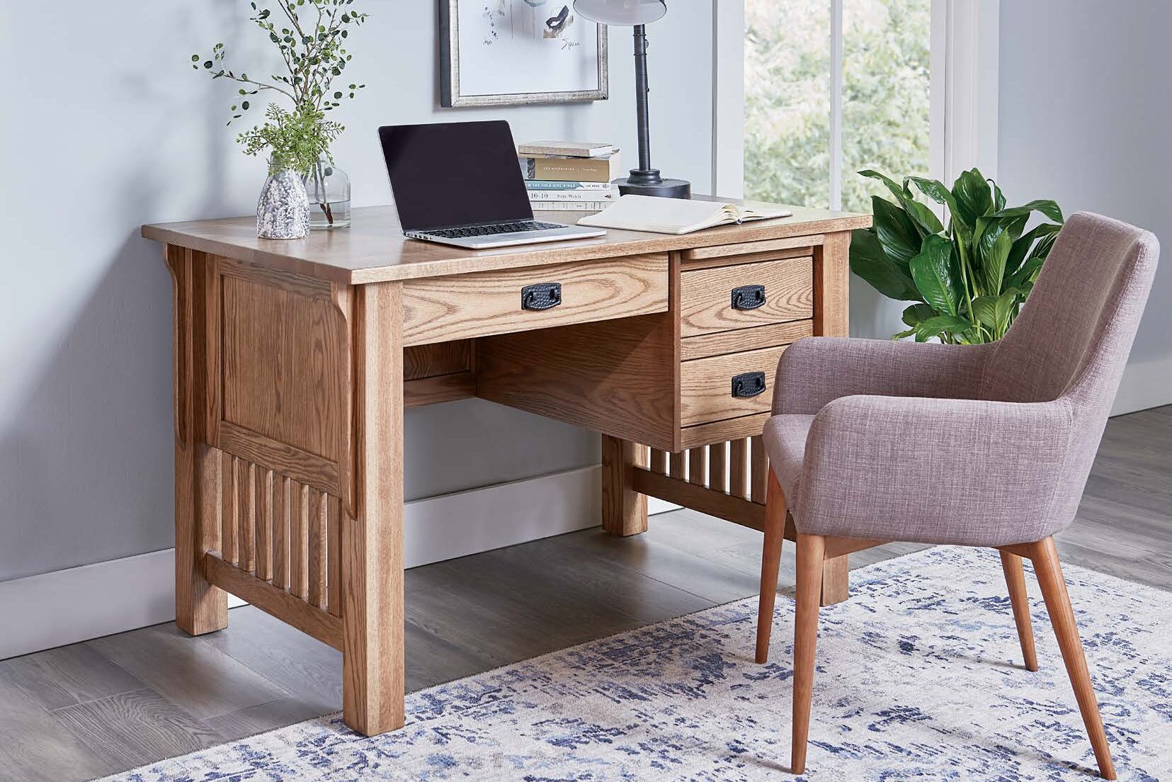 Mission vs Shaker furniture desk with straight lines, slatted sides, and oak wood finish.