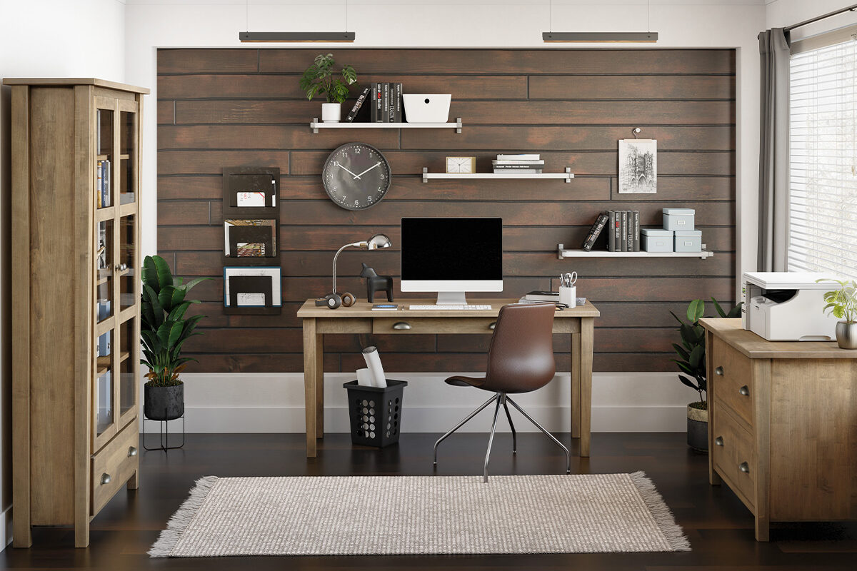 Mission vs Shaker furniture home office with clean lines, natural wood tones, and modern decor.