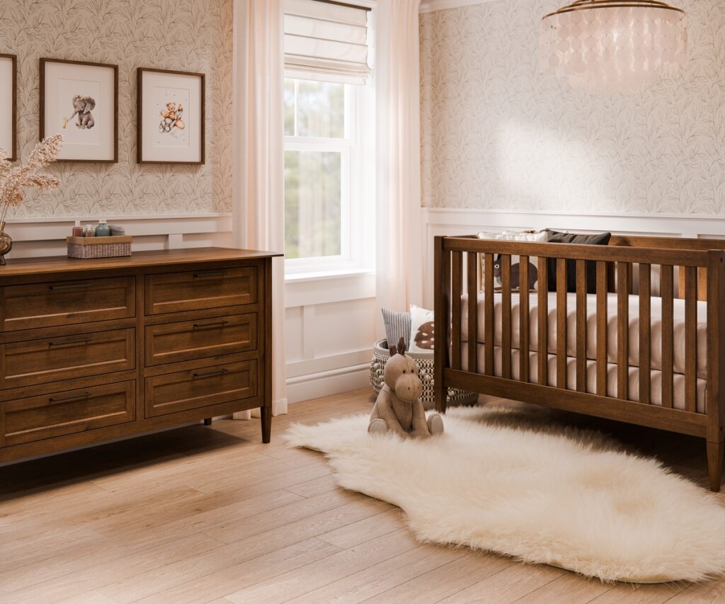 Solid wood nursery with crib and dresser in a warm, light-filled room.