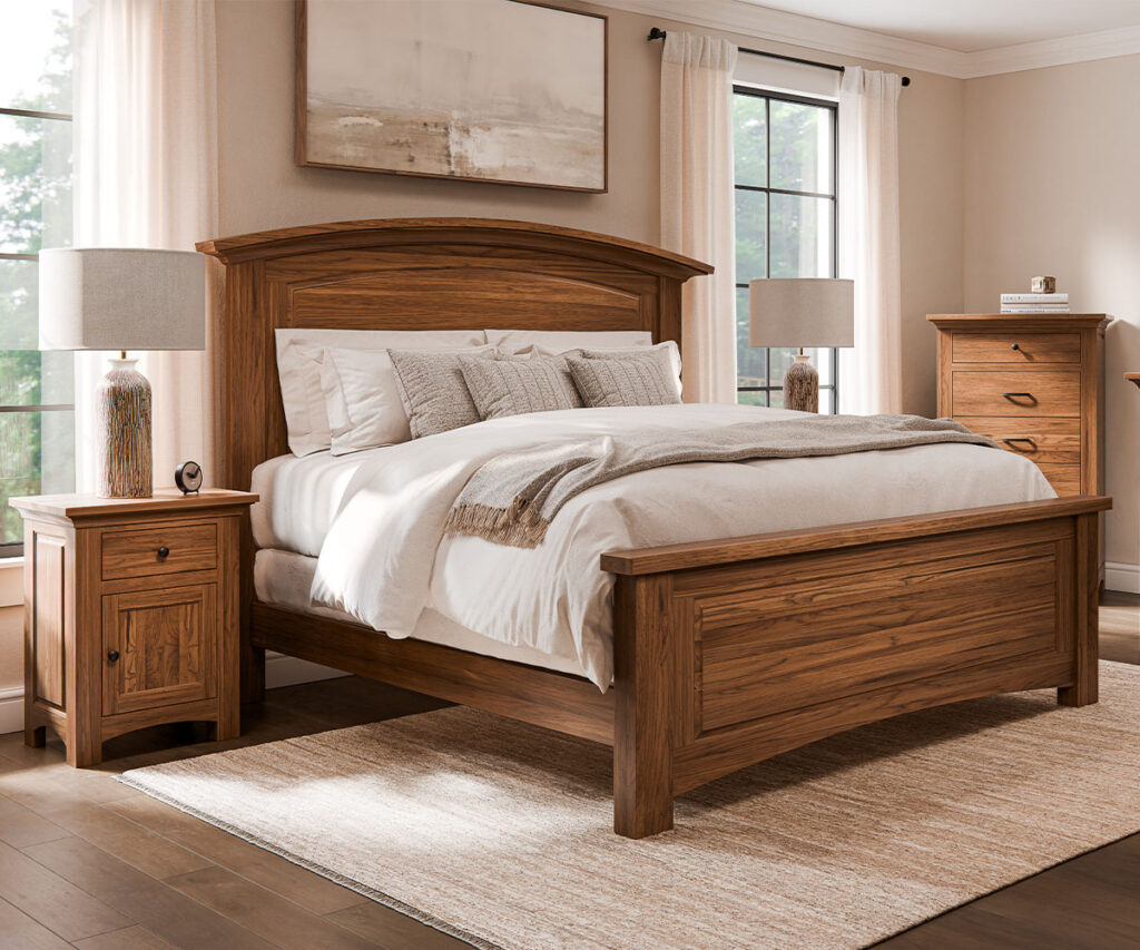 Solid wood Amish bedroom set with panel bed, nightstands, and dresser in warm oak.