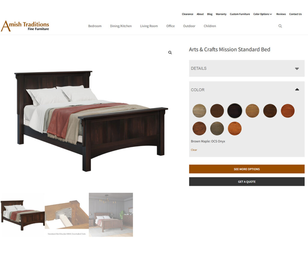 Shopping at an Amish furniture store product page showing bed and finish options.