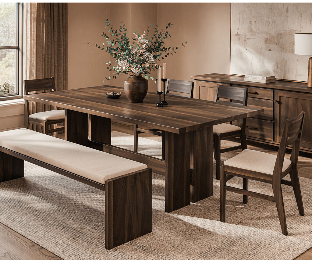 Solid wood dining set reflecting Amish traditions in a warm, modern dining room.
