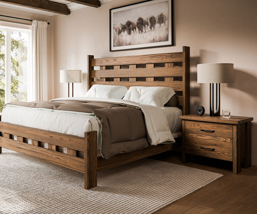 Solid wood bedroom furniture with slat bed and matching nightstand.