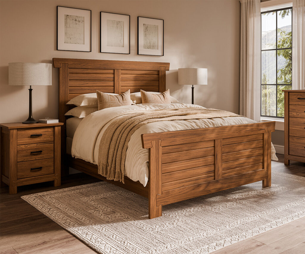 Solid wood bedroom furniture in Beaverton with warm tones and layered neutral bedding