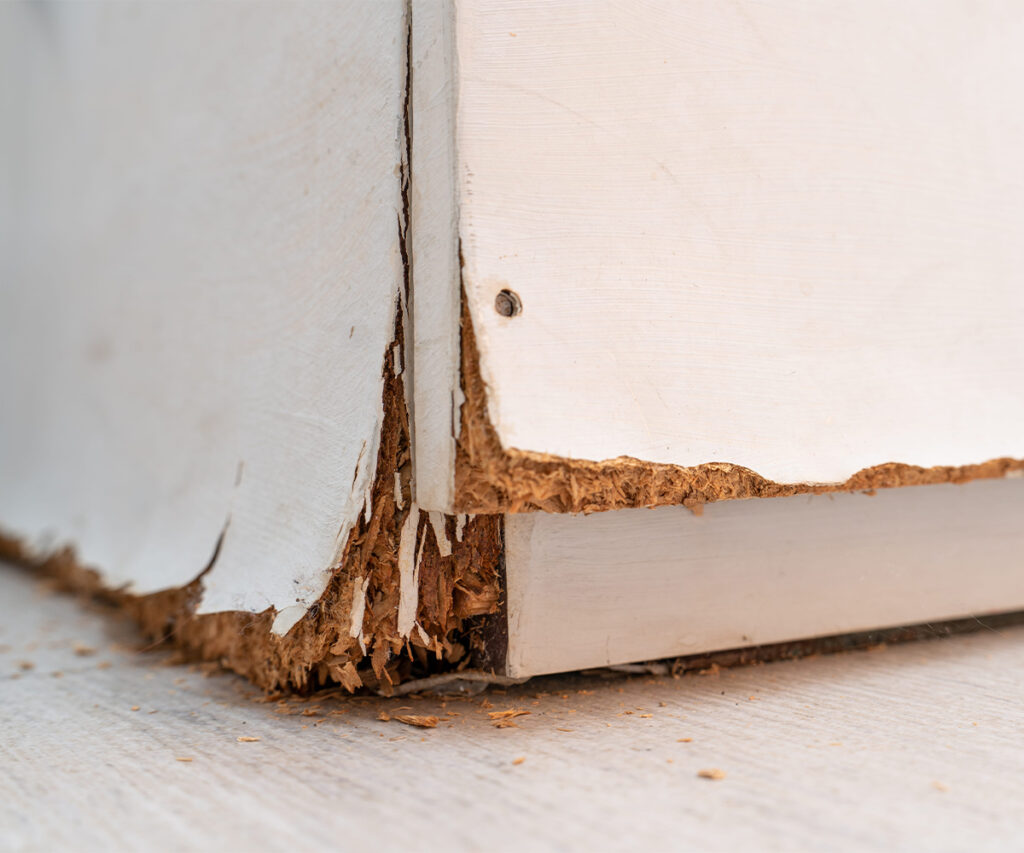 Water-damaged particleboard cabinet base with peeling white finish and crumbling corner.